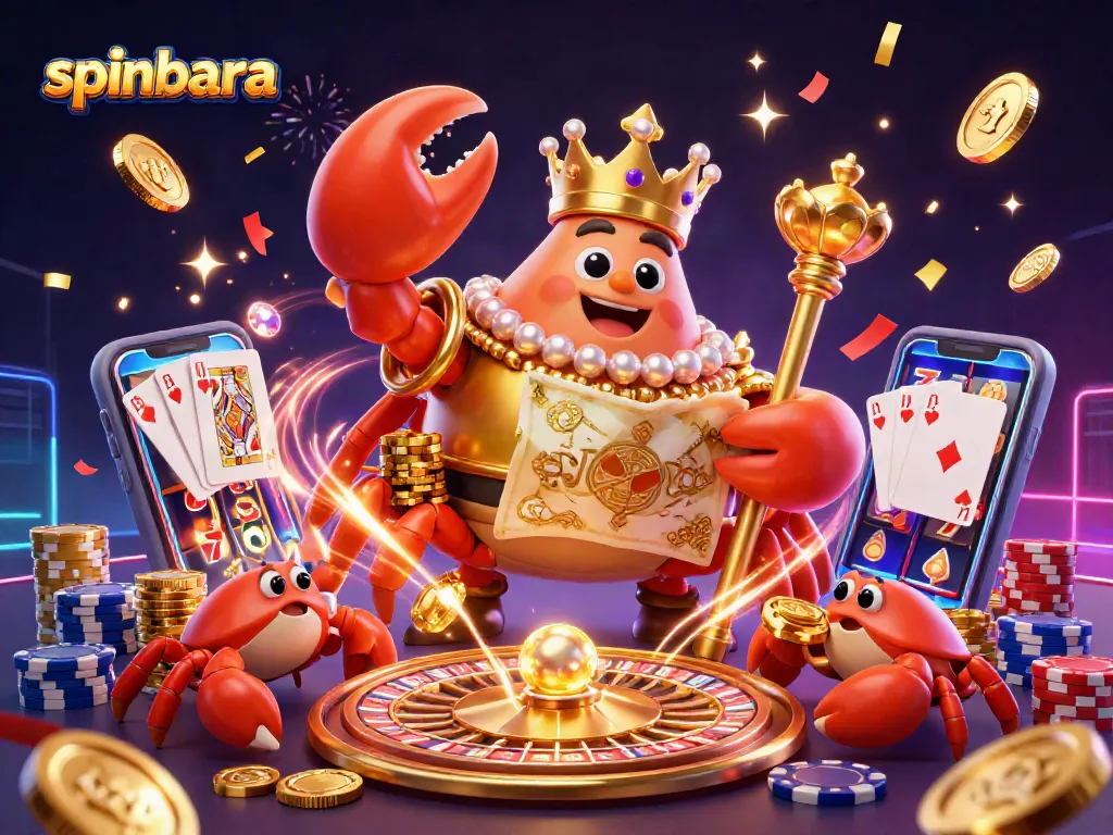 Engage with spinbara's vibrant casino scene featuring a golden crab emperor, chips, and dynamic gaming elements.