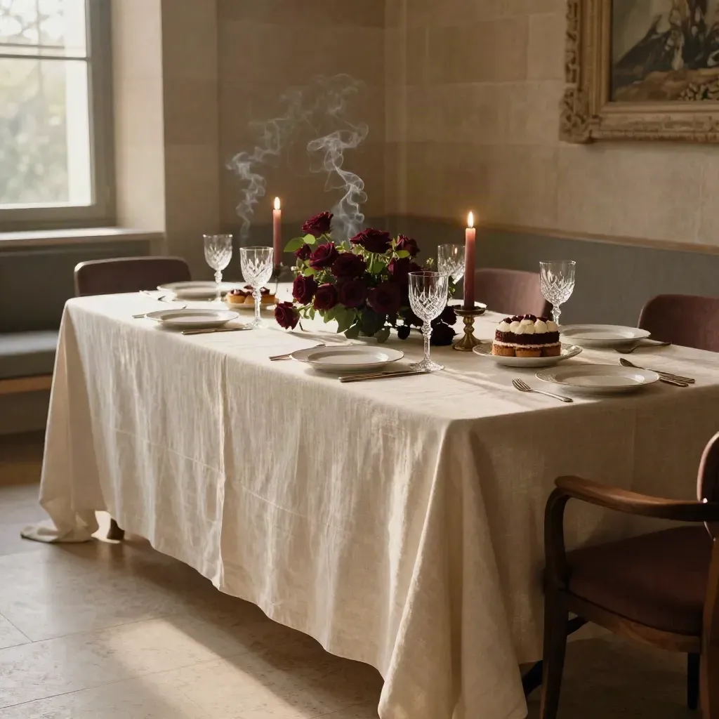 Mesa de aniversario privada con velas, rosas oscuras, copa servida y tarta en salón de piedra.