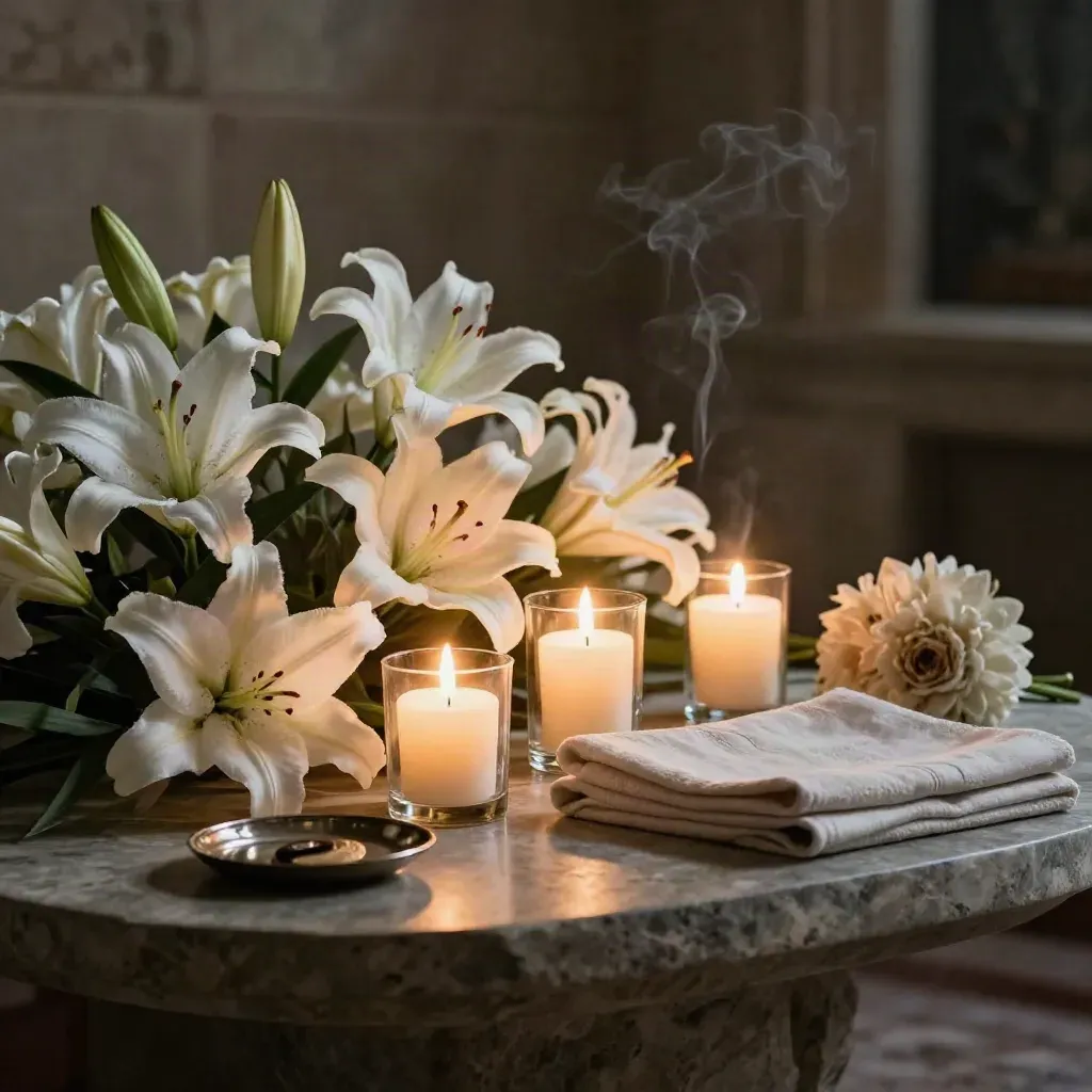 Tributo memorial sereno con lirios blancos, velas y mesa de recuerdos en una sala oscura.