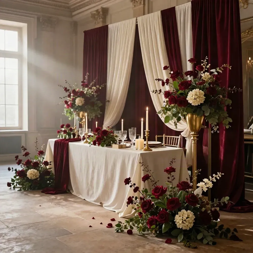 Decoración temática elegante en burdeos, dorado e marfil con flores altas y mesa principal.
