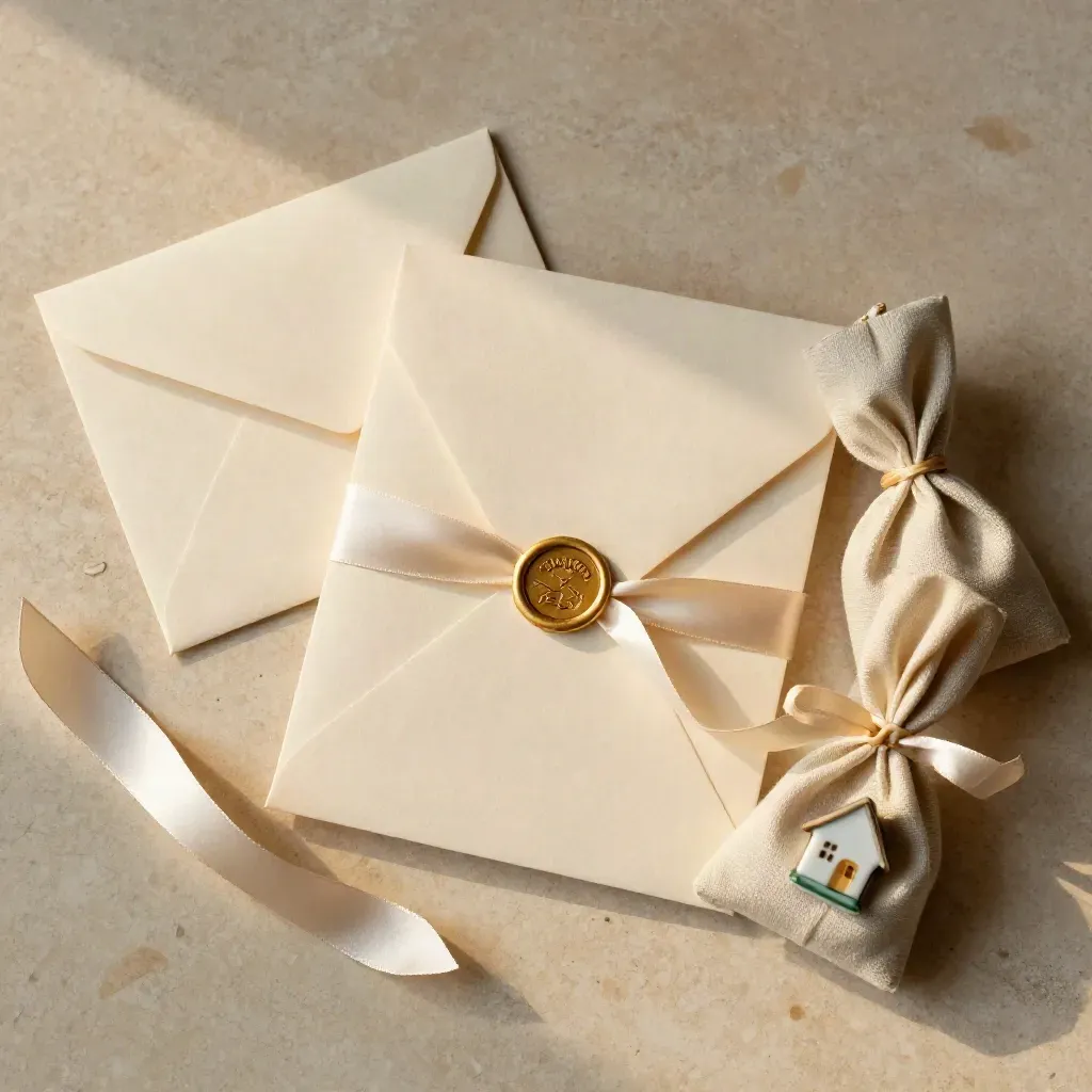 Invitaciones crema, sobres sellados y recuerdos de casa sobre piedra clara con luz cálida.