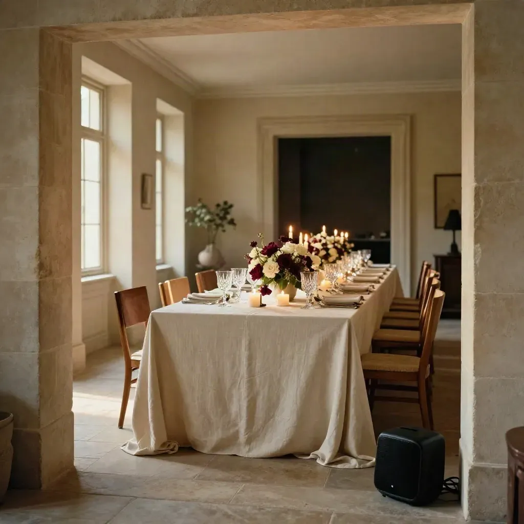 Salón de piedra listo para una cena íntima con mesa larga, velas, flores y copas alineadas.
