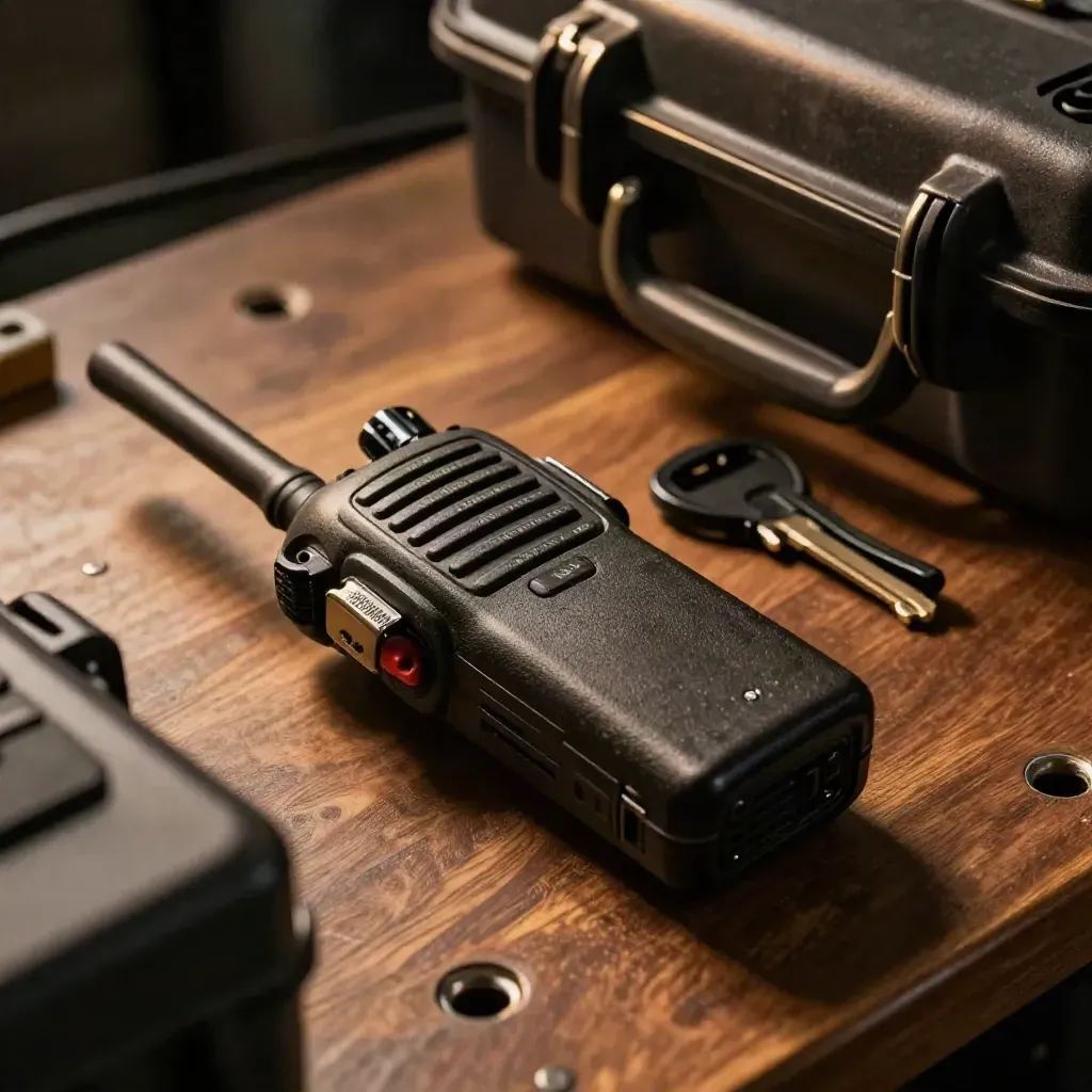 Radio de producción con batería, conector, pinza y funda rígida sobre banco técnico oscuro.