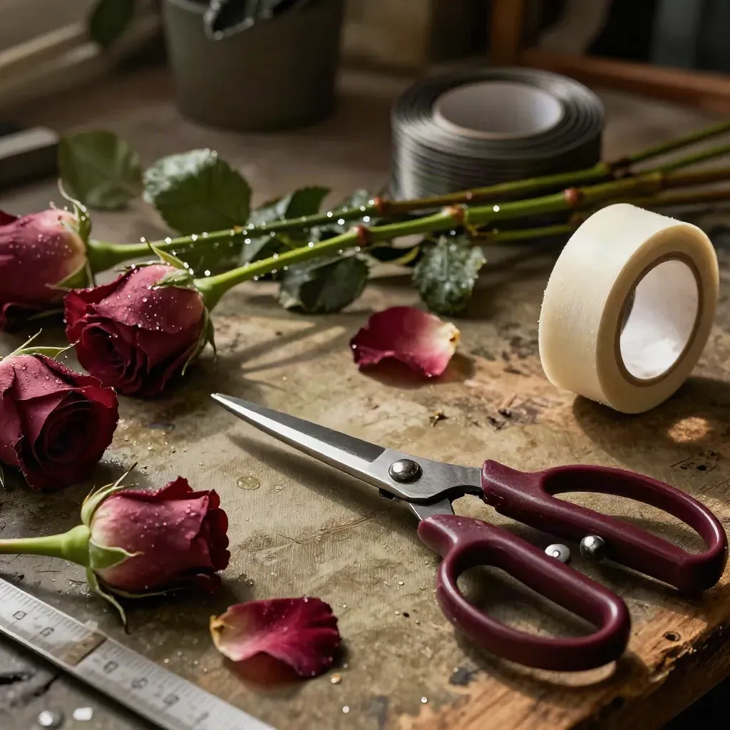 Tijeras de florista, rosas cortadas y cinta floral sobre banco de trabajo con luz cálida.