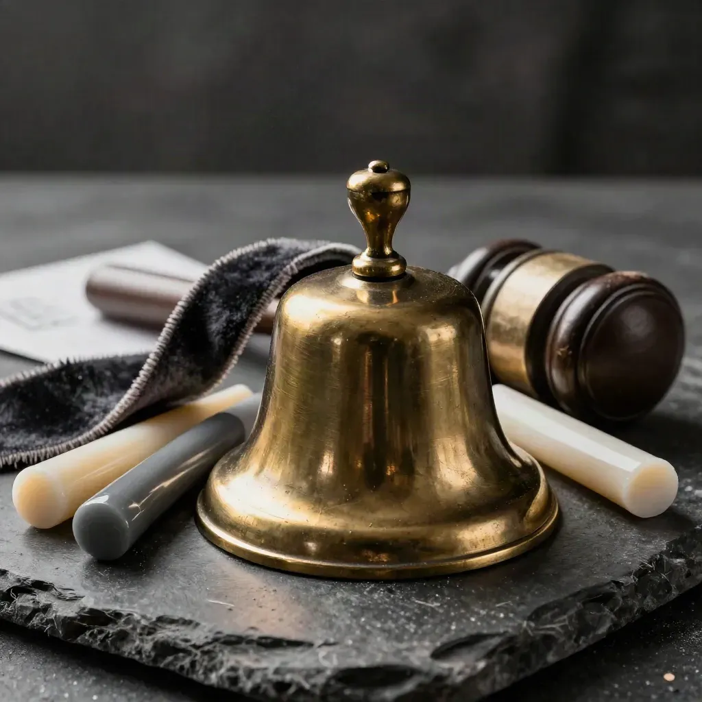 Campana de servicio, cinta de terciopelo, cera de lacre y mazo ceremonial sobre piedra oscura.