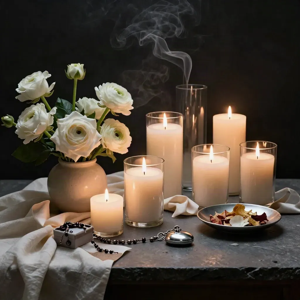 Mesa de homenaje sereno con velas, flores blancas y recuerdos sobre fondo oscuro.