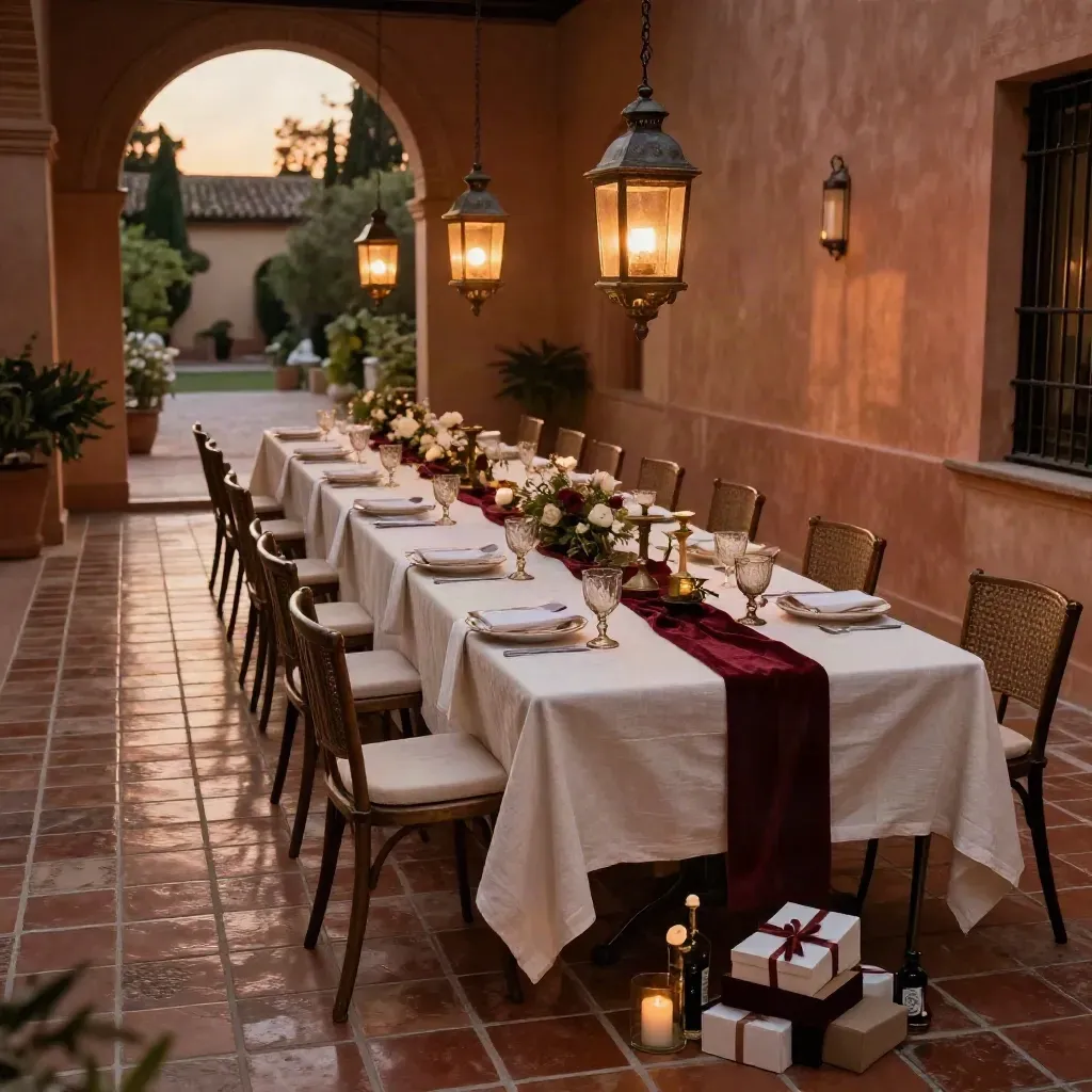 Patio sevillano al atardecer, mesa larga montada, faroles encendidos y rincón de recuerdos.