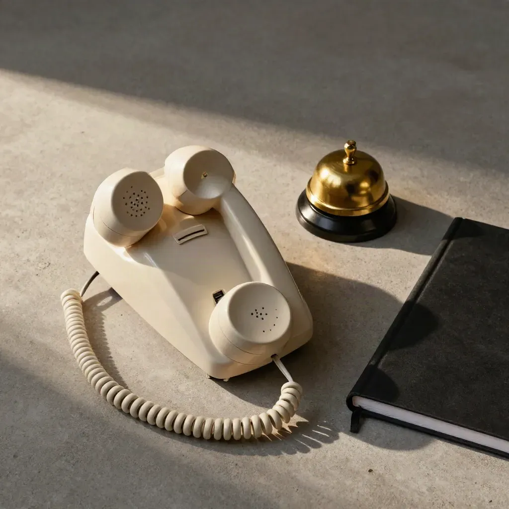 Teléfono de sobremesa crema con campana de latón y libreta negra sobre hormigón claro.