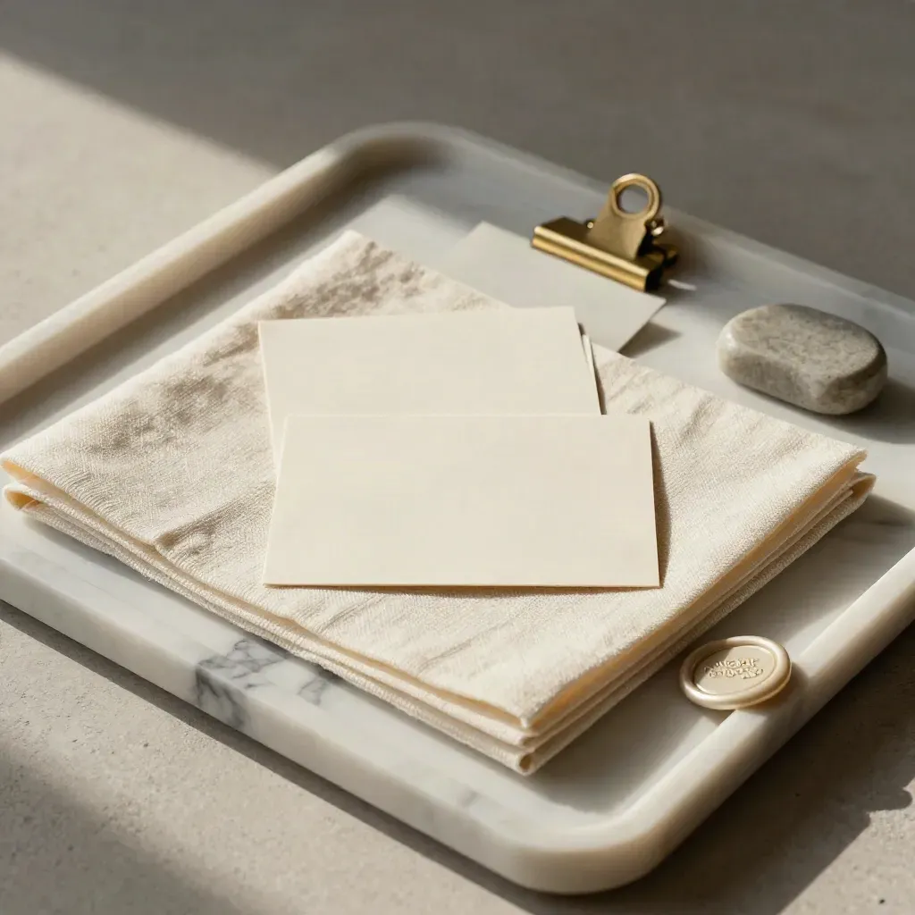 Vista cenital de lino, tarjetas, clip, bloque de piedra y sello de cera sobre bandeja de mármol.