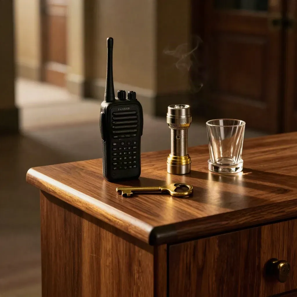 Kit de apoyo para eventos sobre consola de madera oscura con luz cálida.