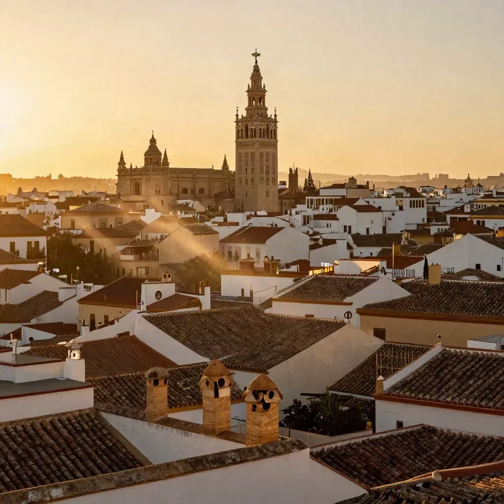 La Giralda sobre tejados de Sevilla y el río envueltos en calima dorada al atardecer.