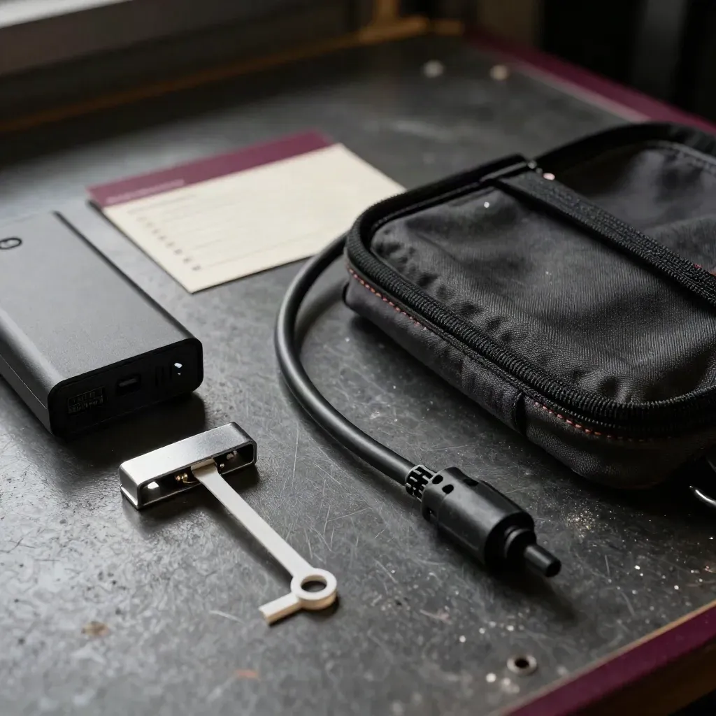 Kit de montaje sobre banco oscuro con cable enrollado, pinza, batería portátil y bridas.