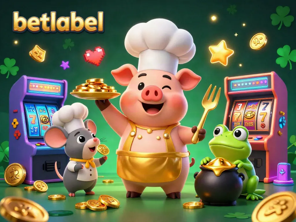 Experience exciting gaming with betlabel featuring a chef pig serving gold coins, amidst vibrant casino elements.
