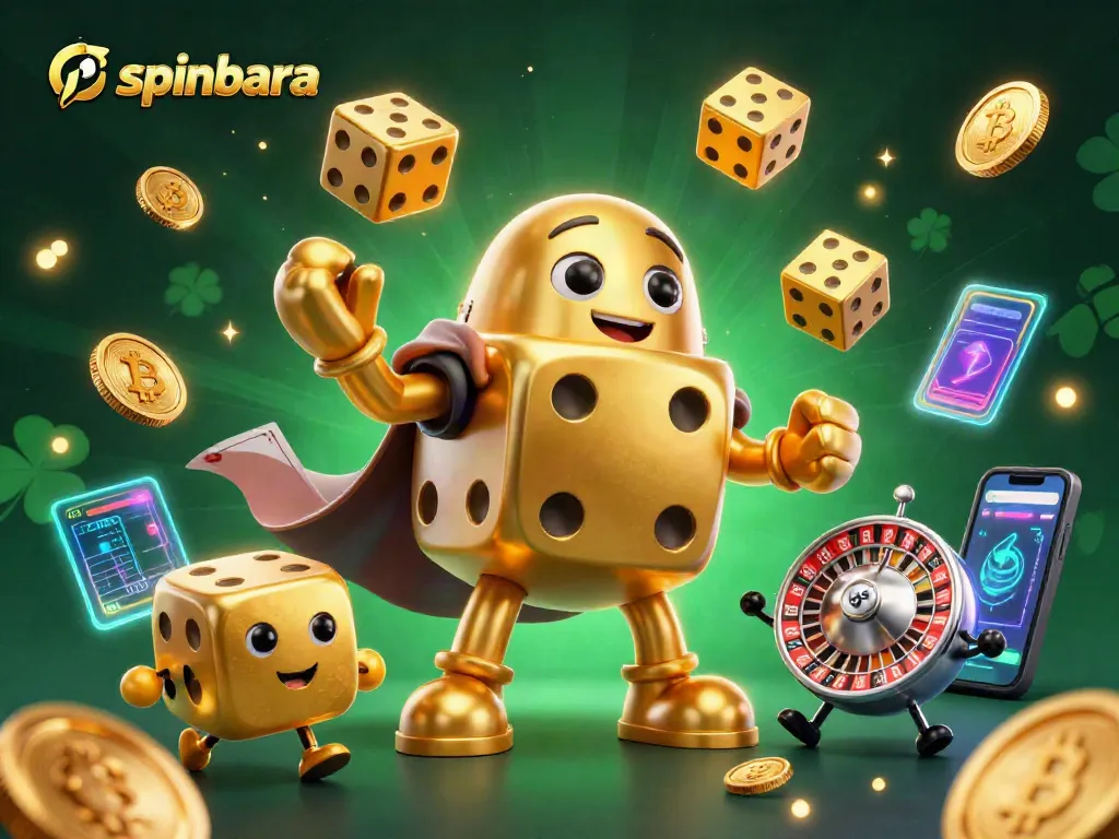 Spinbara encourages thrills with a golden dice golem juggling coins and crypto elements in this vibrant casino scene.