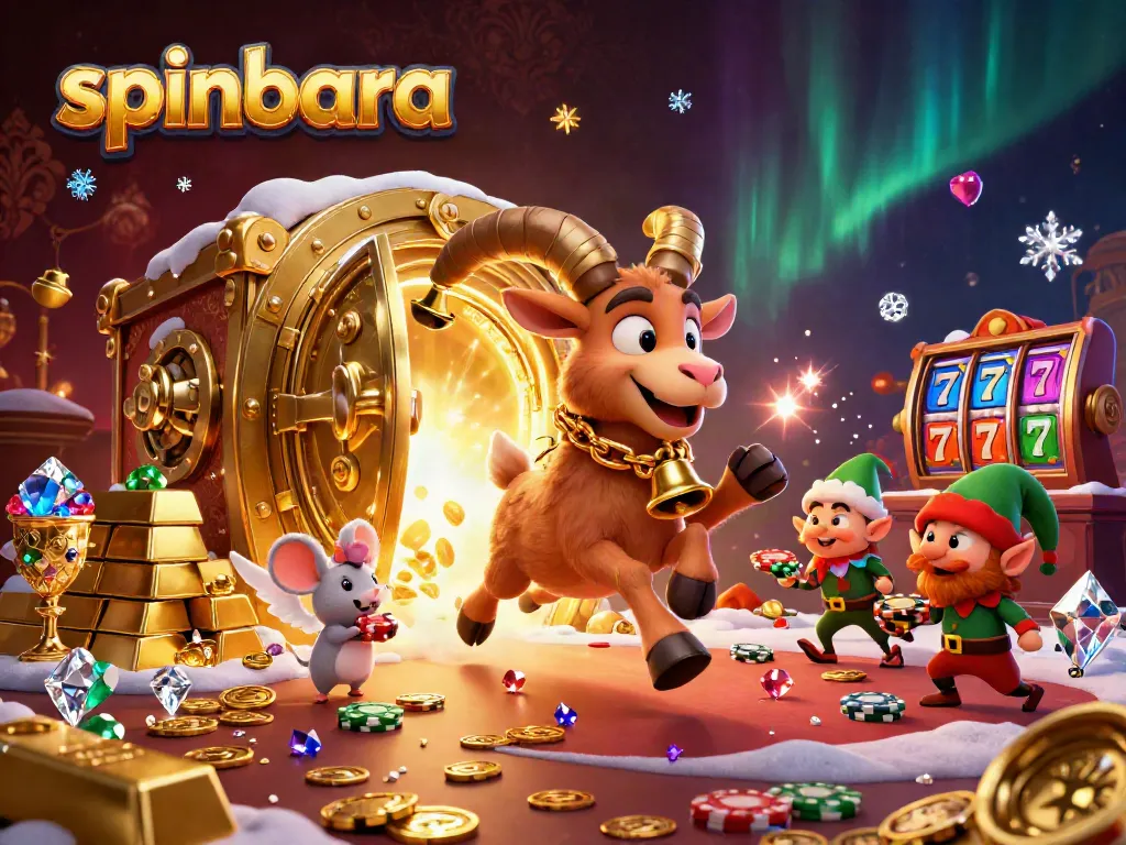 Experience the magical world of spinbara in a festive casino scene with Krampus and playful characters.
